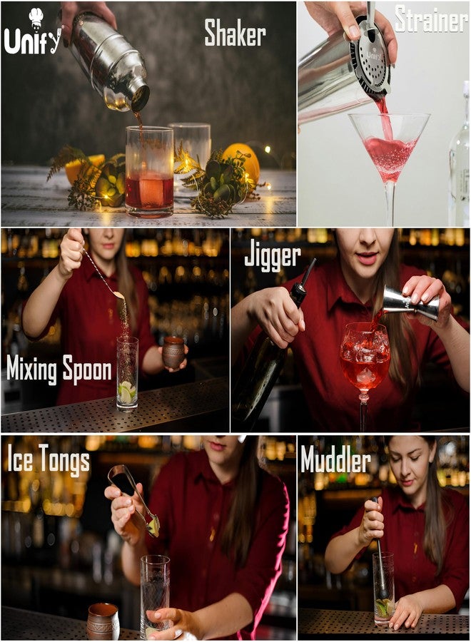 Unify 6 Pieces Stainless Steel Bartender Kit | Premium Cocktail Shaker Set for Home Bar & Parties | Includes Peg Measurer 30/60ml, Bar Spoon, Ice Tong, Muddler, Strainer | Professional Bar Tool Set - Image 3